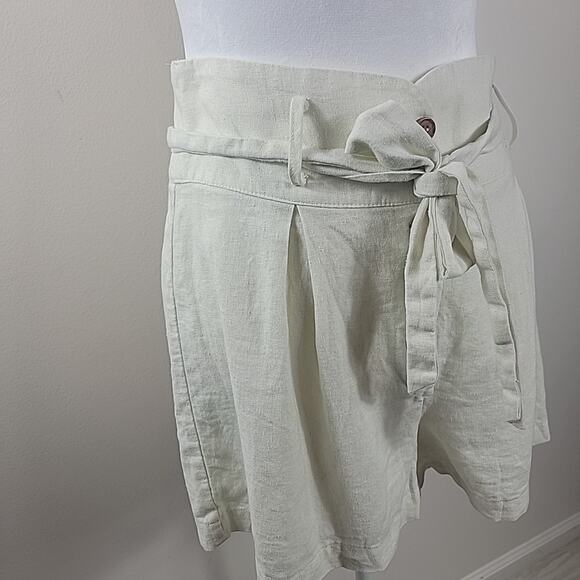 Shinestar Linen Shorts Womens L White Belted Button Fly High Waist Paperbag Boho - Picture 2 of 12